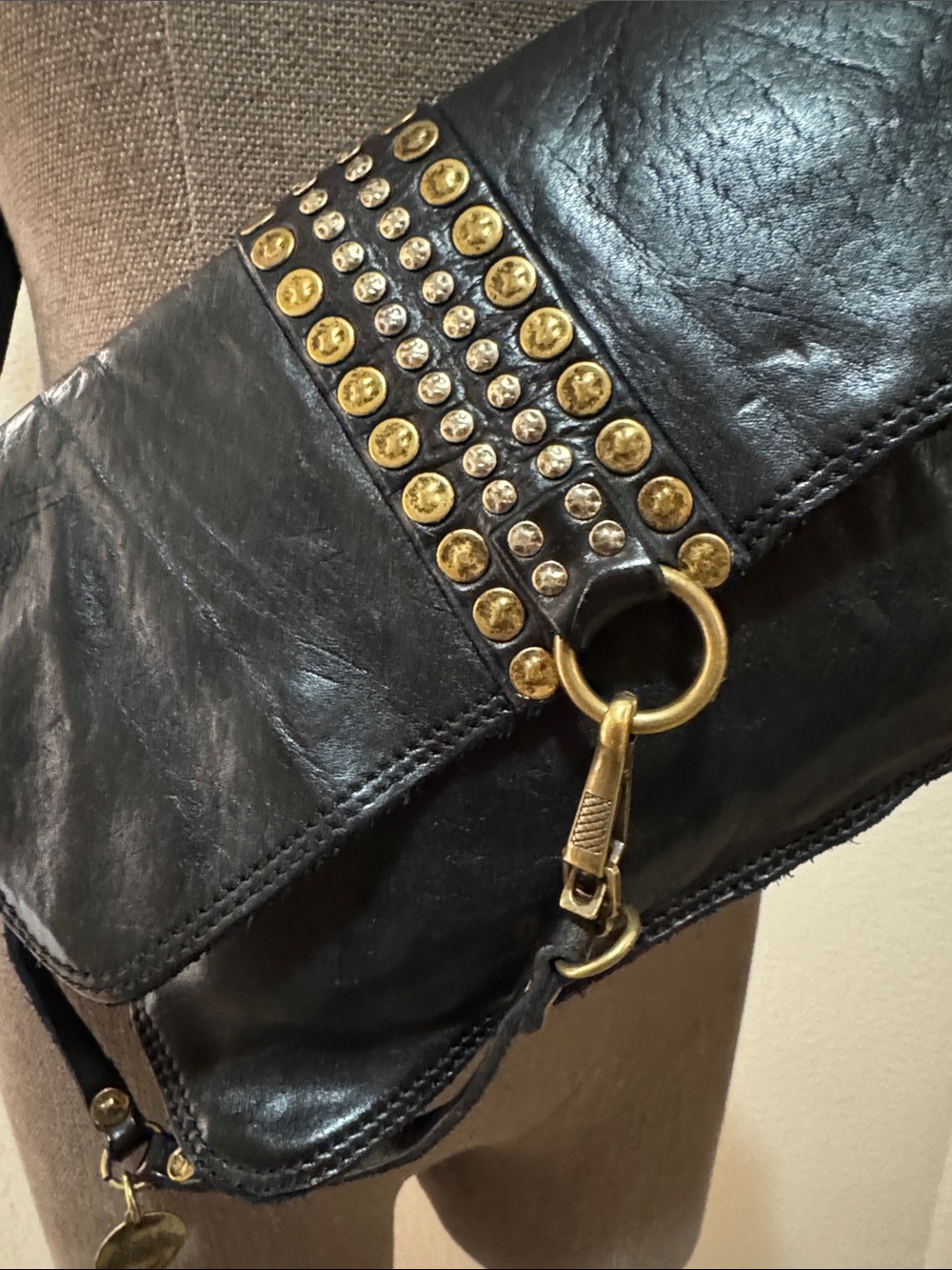 Campomaggi Black Leather Crossbody with Gold Stud Detailing - Picture 2 of 10